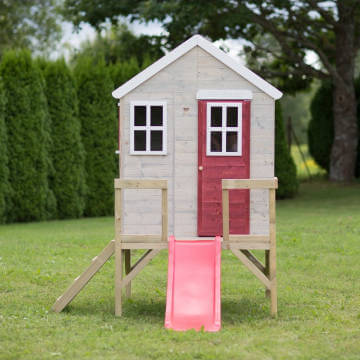 Casuta de gradina My Red Cottage House cu platforma si tobogan Wendi Toys roz