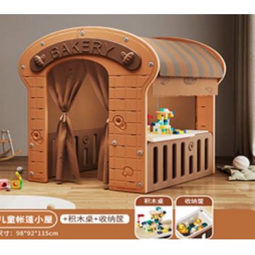 Casuta de joaca pentru copii Nichiduta Graden brown Bakery, iluminata, cu draperie si covoras din PU inclus, dimensiune 98 x 92 x 115 cm