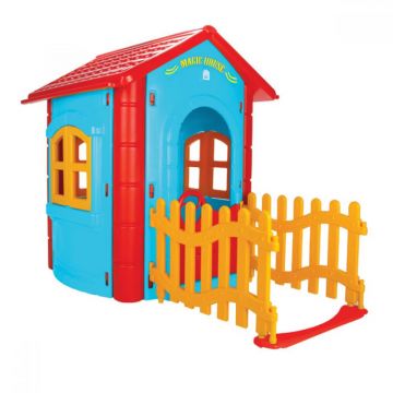Casuta de gradina pentru copii Pilsan Magic House blue gardulet inclus, utilizare interiorexterior,plastic rezistent UV,design realist, usa si ferestre functionale 112 x 172 x 131 cm
