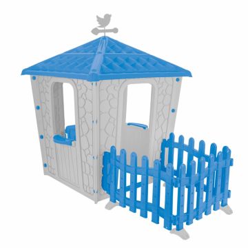Casuta de gradina pentru copii Pilsan Stone House BlueGrey cu gardulet inclus, utilizare interiorexterior,plastic rezistent UV, design realist