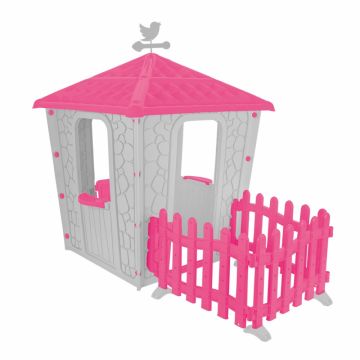 Casuta de gradina pentru copii Pilsan Stone House PinkGrey cu gardulet inclus, utilizare interiorexterior,plastic rezistent UV, design realist